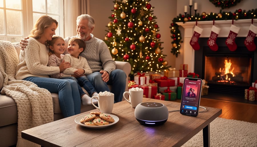 Family enjoying Christmas together in decorated living room with holiday music playing