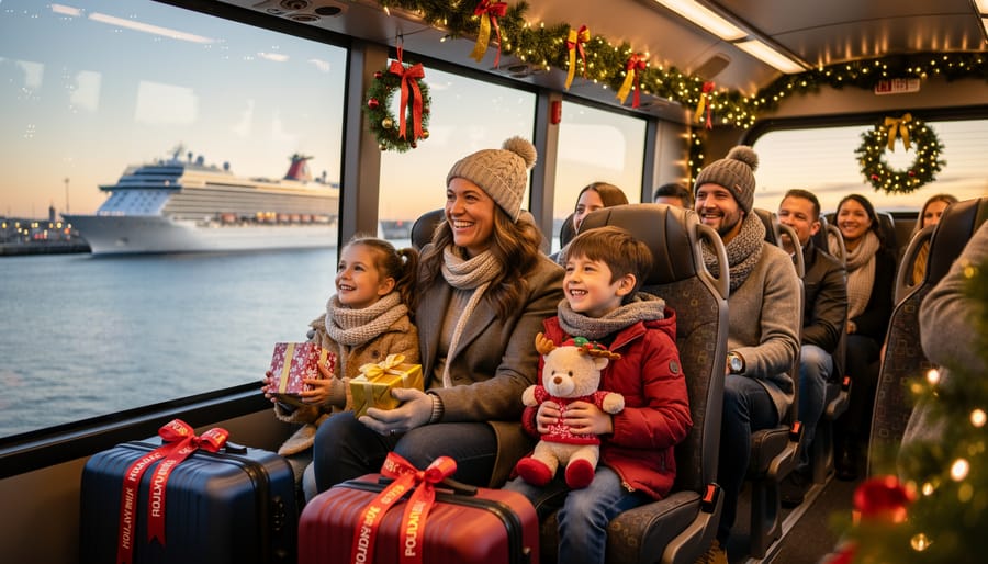 Happy children wearing Santa hats and holding gifts in car during Christmas cruise transfer