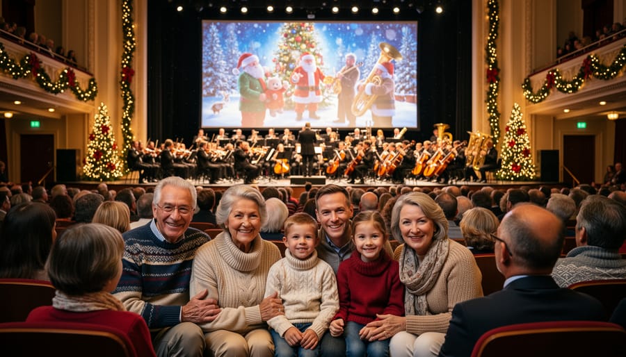 Family in festive attire arriving at concert hall for holiday performance