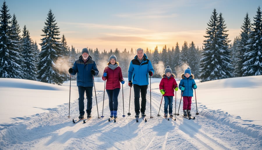 Multi-generational family cross-country skiing together on snowy forest trail