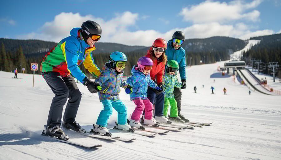 Family with children learning to ski with instructor on beginner slope at mountain resort