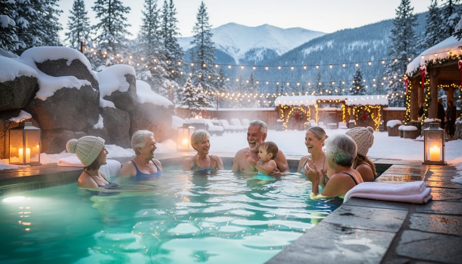 Multi-generational family silhouettes enjoying hot spring together at sunset with mountain backdrop
