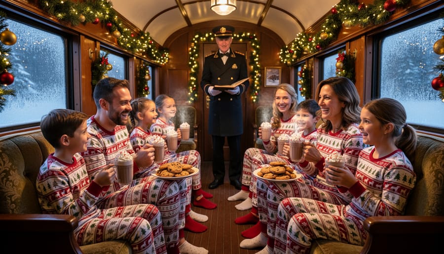 Family in Christmas pajamas drinking hot chocolate on Polar Express train ride