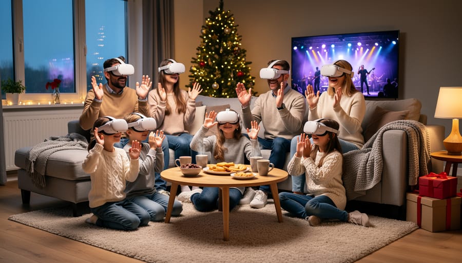 Family members sharing VR concert experience together in decorated living room during holidays