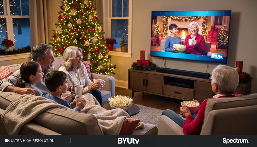 Family watching Christmas programming together on television in cozy living room