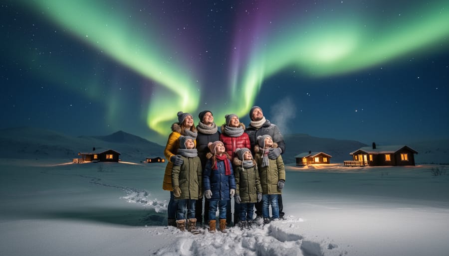 Family watching northern lights aurora borealis together in winter landscape