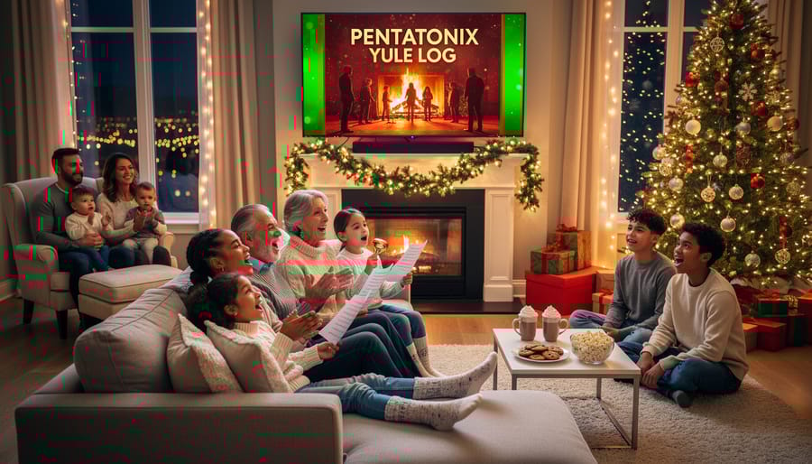 Family gathered around TV screen singing together during holiday celebration