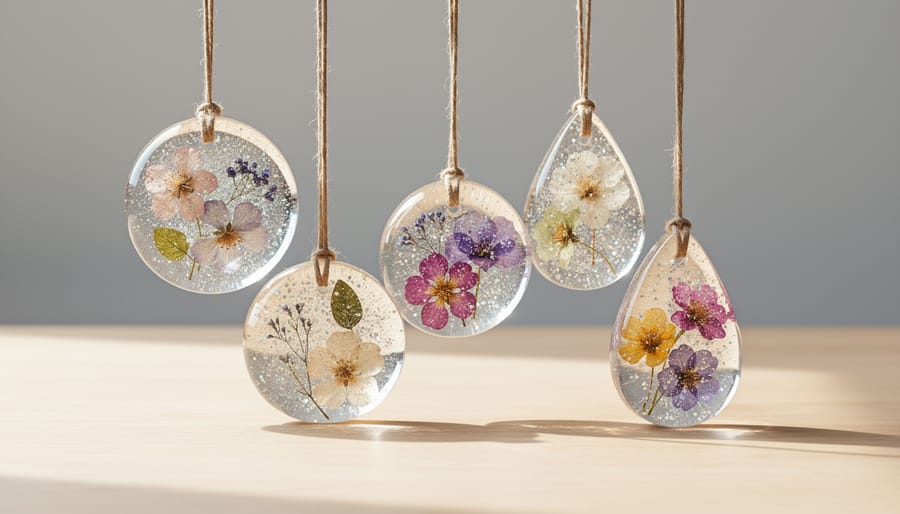 Clear resin ornaments with gold glitter and evergreen sprigs hanging on Christmas tree with lights