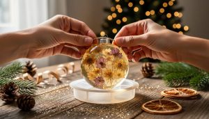 "Close-up of hands placing dried flowers into clear resin in a round silicone ornament mold on a wooden table, lit by soft daylight, with blurred Christmas lights, glitter, pine cones, ribbon, and dried orange slices in the background."