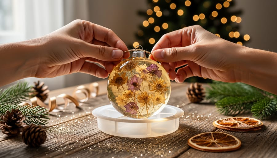 "Close-up of hands placing dried flowers into clear resin in a round silicone ornament mold on a wooden table, lit by soft daylight, with blurred Christmas lights, glitter, pine cones, ribbon, and dried orange slices in the background."