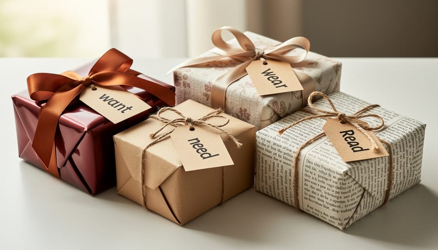 Overhead view of four gift categories showing toy, school supplies, clothing, and books