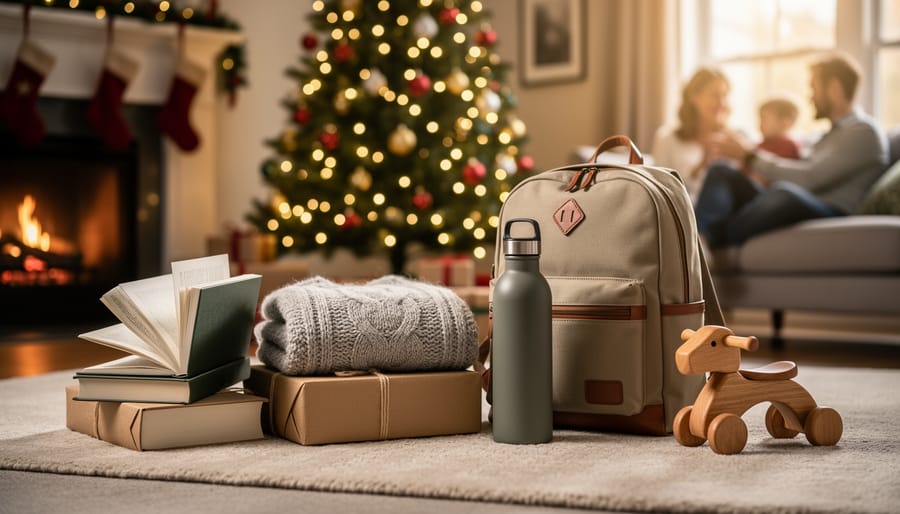 Four Christmas gifts—book, knit sweater, backpack with water bottle, and wooden toy—arranged before a lit tree, with fireplace, stockings, and family softly blurred in the background.