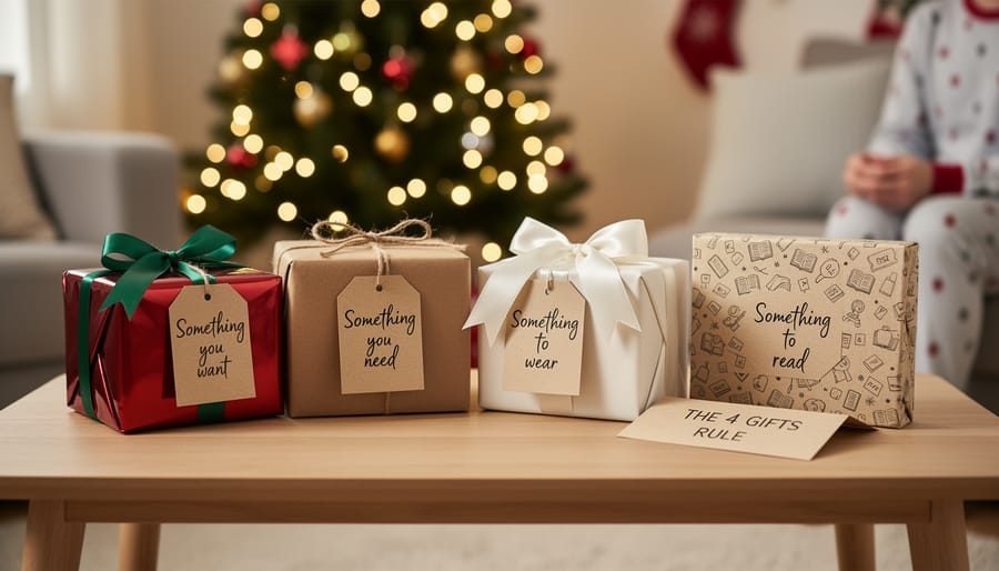 Four wrapped Christmas presents arranged neatly on wooden floor beside Christmas tree