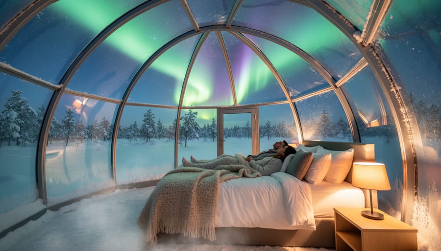 Glass igloo accommodation with northern lights visible through transparent ceiling