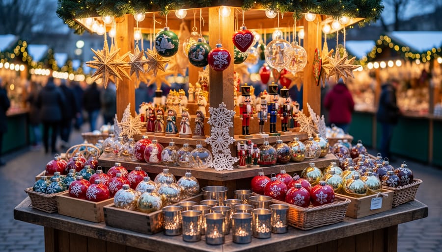 Artisan displaying handcrafted wooden ornaments and nutcrackers at Christmas market stall