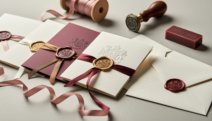 Hands applying decorative wax seal to Christmas card on wooden table