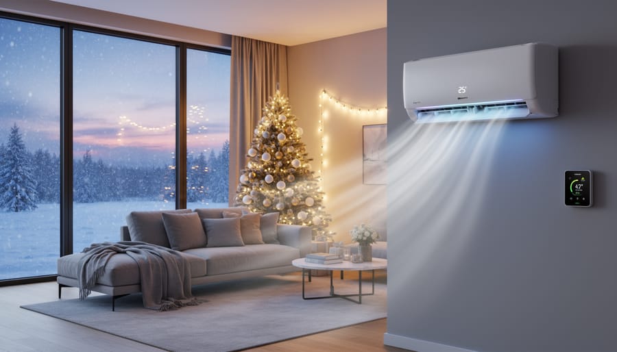 Heat pump unit installed on home exterior with warm lit windows and holiday decorations visible