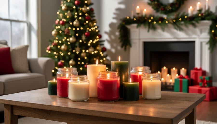Three lit holiday candles in glass jars on wooden table with Christmas decorations in background
