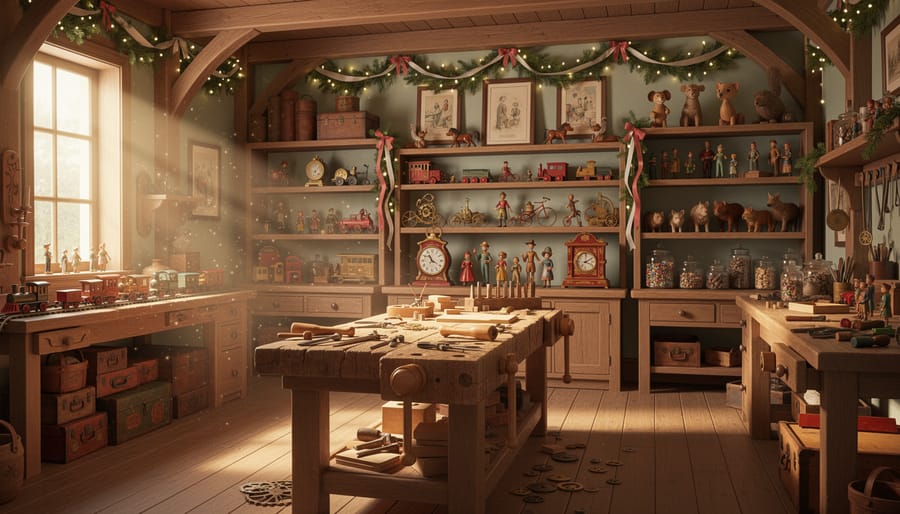 Family living room decorated with vintage Christmas workshop theme and toy displays