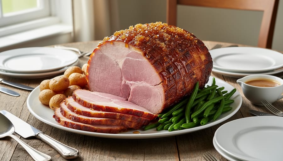 Close-up of honey-glazed Christmas ham being sliced, showing caramelized exterior