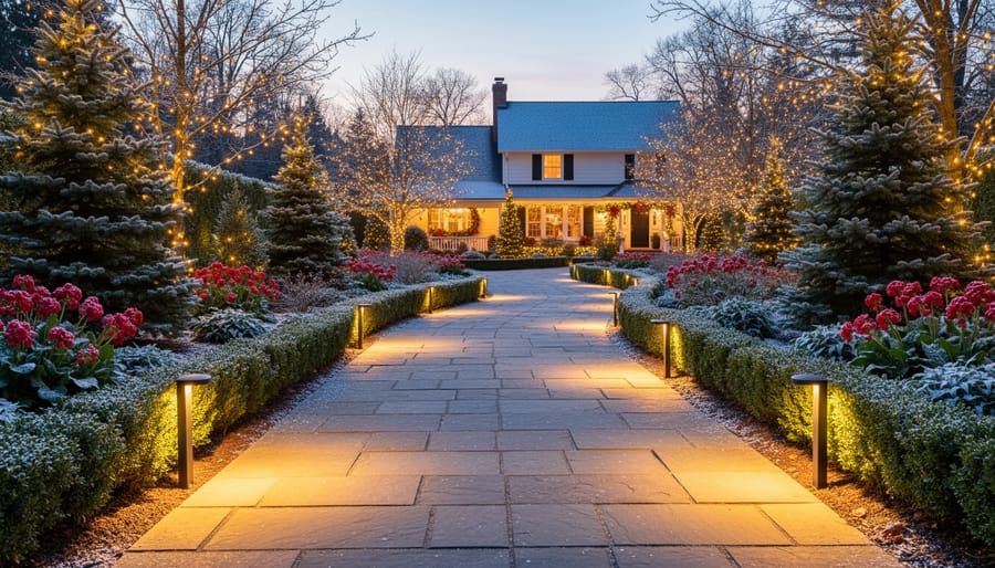 Holiday-lit pathway with stake lights leading to decorated front entrance