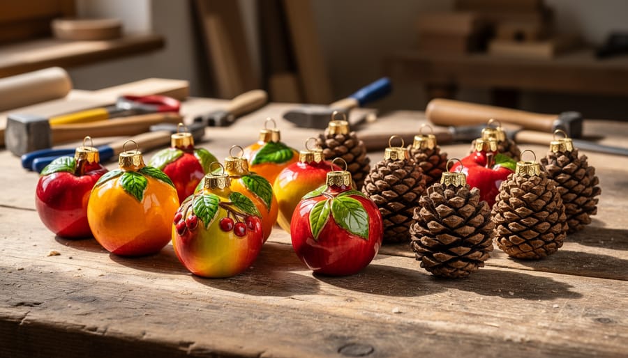 Vintage Italian glass Christmas ornaments shaped like grapes, pears, and pinecones with hand-painted details