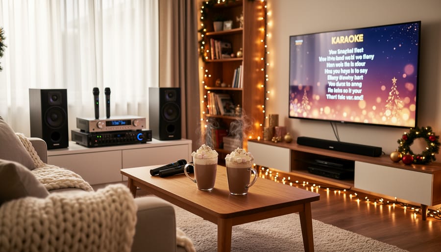 Overhead view of holiday karaoke setup with tablet, hot cocoa, and festive decorations