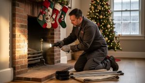 Chimney sweep kneeling at a brick fireplace, checking the damper with a flashlight as cleaning rods and a drop cloth rest nearby; blurred Christmas tree and stockings in the background.