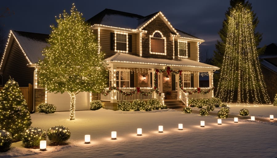 Front yard holiday display showing multiple lighting layers including trees, pathways, and decorations