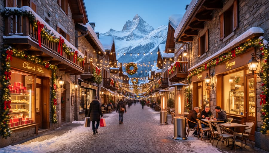 Historic Main Street in mountain ski resort town decorated with holiday lights at dusk
