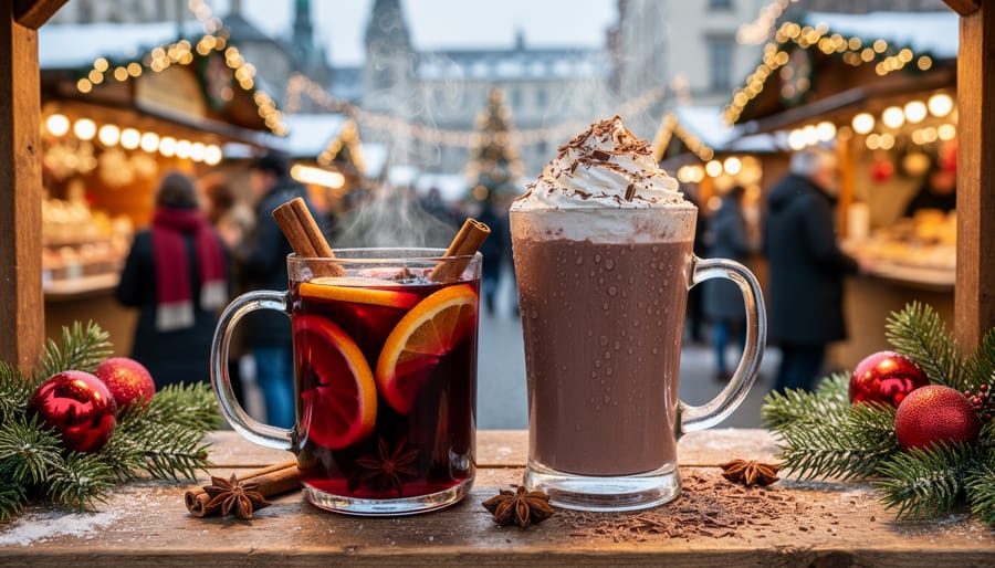 Hands in mittens holding steaming mugs of mulled wine and hot chocolate at Christmas market