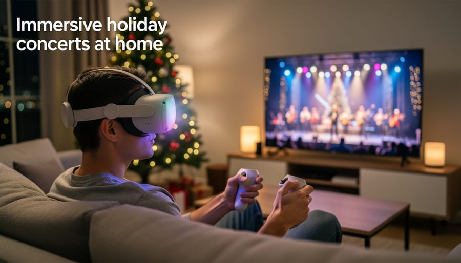 Close-up of Oculus Quest 2 VR headset in hands with Christmas decorations in background