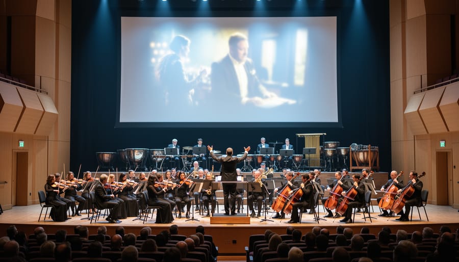 Symphony orchestra performing in concert hall with movie screen above stage