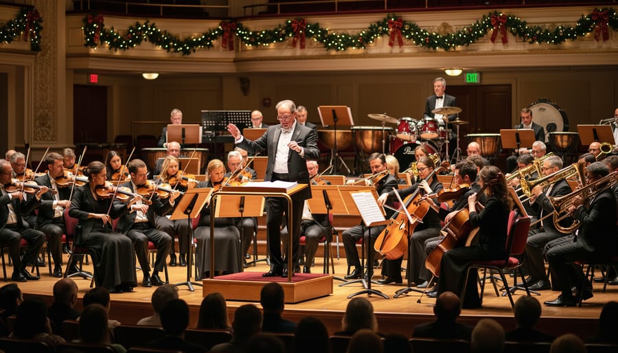 Close-up of violin section performing with bows in synchronized motion