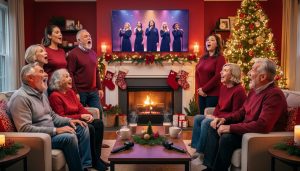Multigenerational family singing in a warmly lit living room as a TV shows a virtual Yule Log with subtle five-singer silhouettes; Christmas tree, garlands, and two wireless microphones on the coffee table.