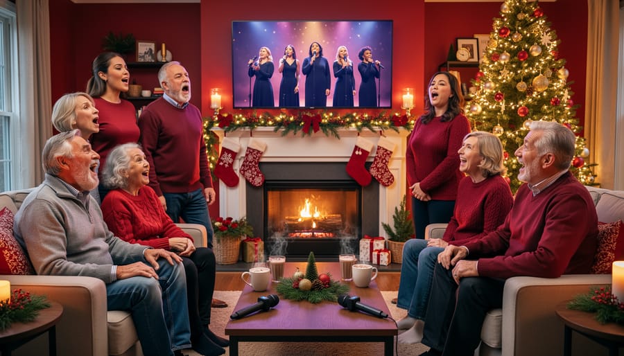 Multigenerational family singing in a warmly lit living room as a TV shows a virtual Yule Log with subtle five-singer silhouettes; Christmas tree, garlands, and two wireless microphones on the coffee table.