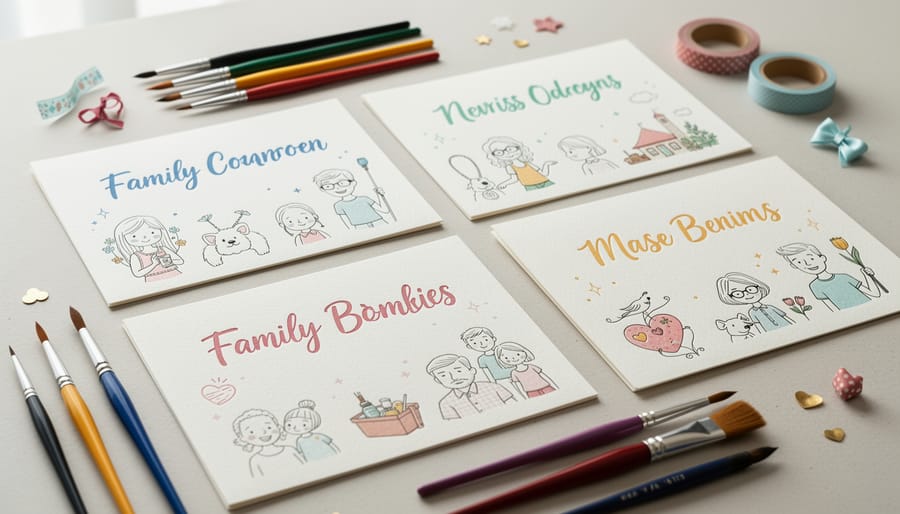 Flat lay of personalized Christmas cards with custom illustrations and calligraphy details