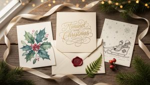 Overhead flat-lay of elegant non-photo Christmas cards with embossed cream card, gold foil flourishes, watercolor holly design, whimsical illustration, red wax-sealed envelope, silk ribbon, and pressed botanicals on rustic wood with soft natural light.