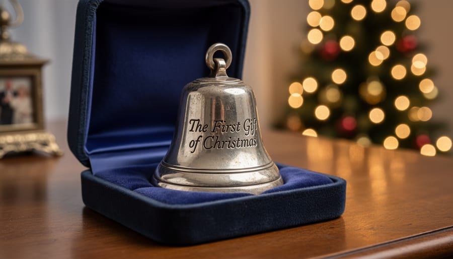 Child's hand holding silver Polar Express bell with Christmas lights in background