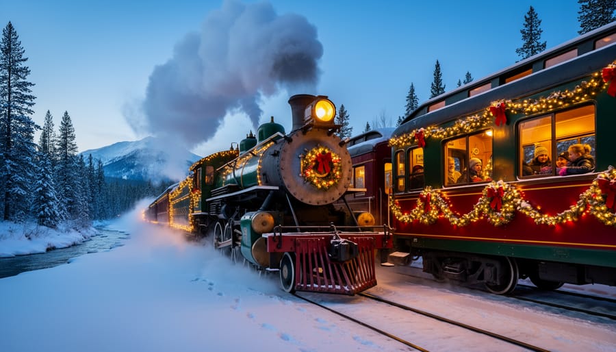 Illuminated steam train traveling through snowy mountain landscape during Polar Express journey