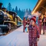 Families in pajamas stand on a snowy platform beside a vintage steam train decorated with warm holiday lights at dusk, while a child in the foreground holds a silver sleigh bell as gentle snow falls.