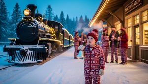 Families in pajamas stand on a snowy platform beside a vintage steam train decorated with warm holiday lights at dusk, while a child in the foreground holds a silver sleigh bell as gentle snow falls.
