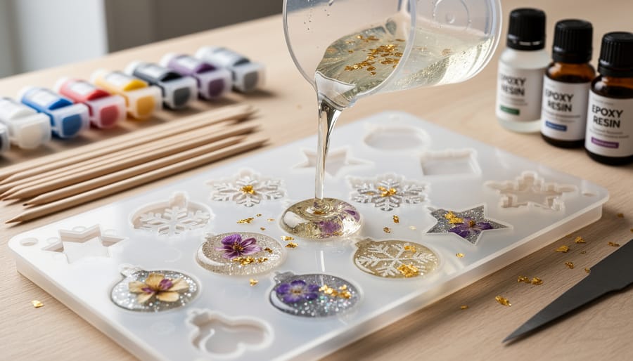 Close-up of hands pouring glittery gold resin into silicone ornament mold