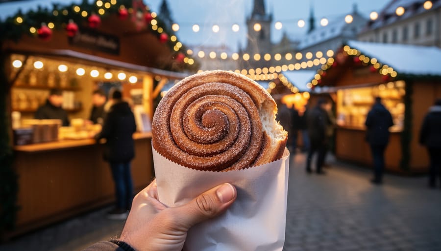 Close-up of traditional Czech trdelník cinnamon pastry at Prague Christmas market