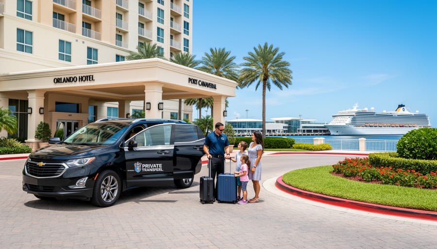Professional transfer vehicle on highway route from Orlando to Port Canaveral