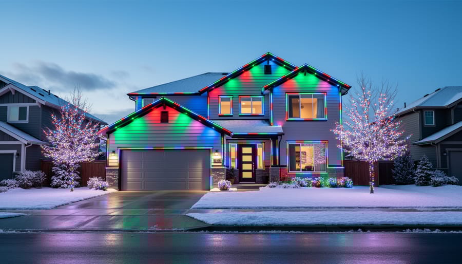 Low-angle wide photo of a modern suburban house at twilight illuminated with programmable RGBW pixel lights along the roofline, windows, and trees, showing multicolor patterns reflecting on fresh snow with softly blurred neighboring homes in the background.