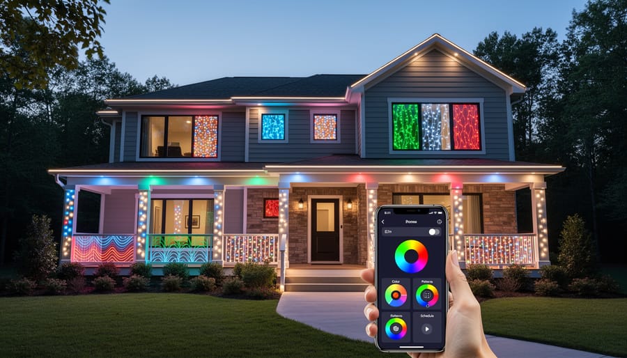 House decorated with colorful programmable outdoor LED lights creating animated holiday display at twilight