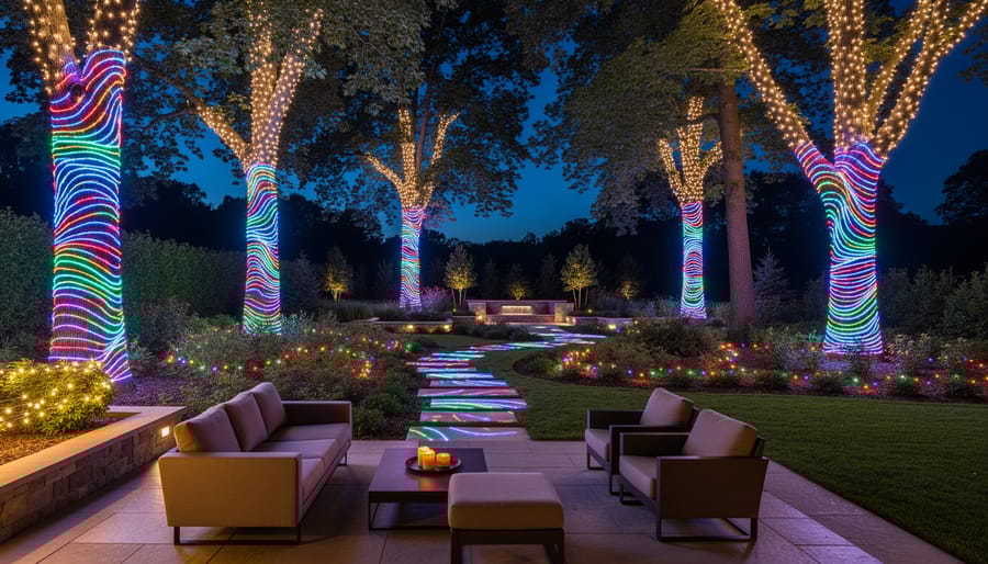 Large outdoor tree decorated with programmable LED lights displaying colorful rainbow animation pattern