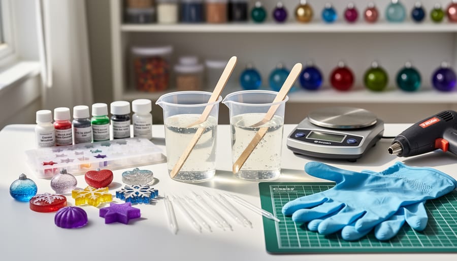 Overhead view of resin casting supplies including molds, epoxy resin, glitter, and mixing tools