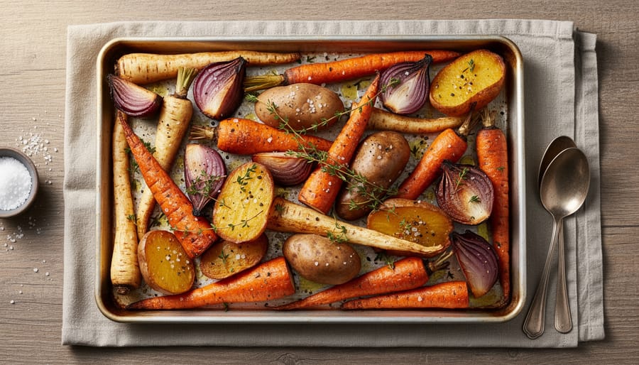 Platter of colorful roasted root vegetables including carrots, parsnips, and potatoes
